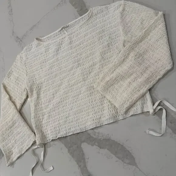 Zara Textured Long Sleeve Boatneck Tie Top Blouse Women's Small White Minimalist - Picture 2 of 7